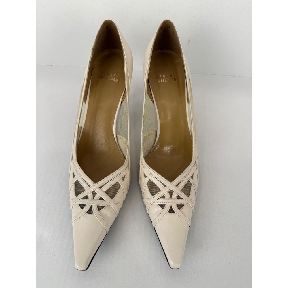 Stuart Weitzman Heels Mesh Leather Cage 8.5 Cream Pointed Toe Kitten Heel Spain